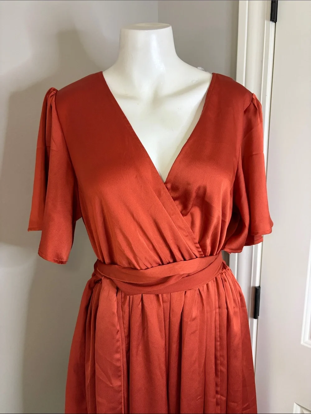 Baltic Born Sicily Satin Maxi Wrap Dress Rust Flutter Sleeve Tie wedding XL - Picture 5 of 14